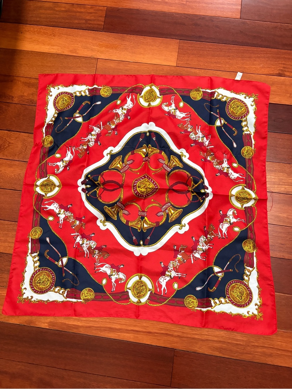 Red Equestrian  Scarf with Navy & Gold Accents
